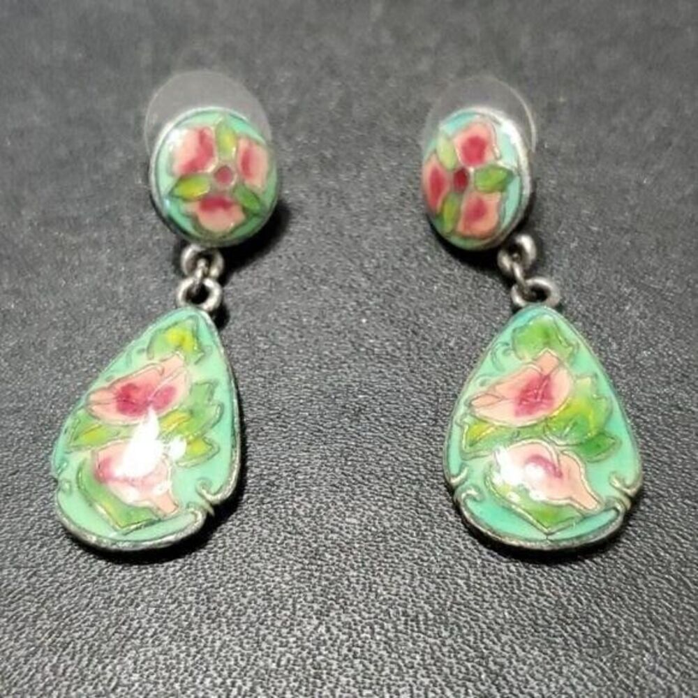 Laila Rowe cloisonne style earrings green pink floral